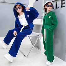 Girl Spring Autumn Suit 2022 New Internet Red Children Ocean Gas Little Girl Pure Color CUHK Girl Broadlegged Pants Two Sets