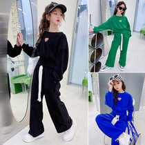 Girl Spring Clothing Suit 2022 New Internet Red Children Ocean Gas Little Girl Pure Color CUHK Kid Broadlegged Pants Two Sets