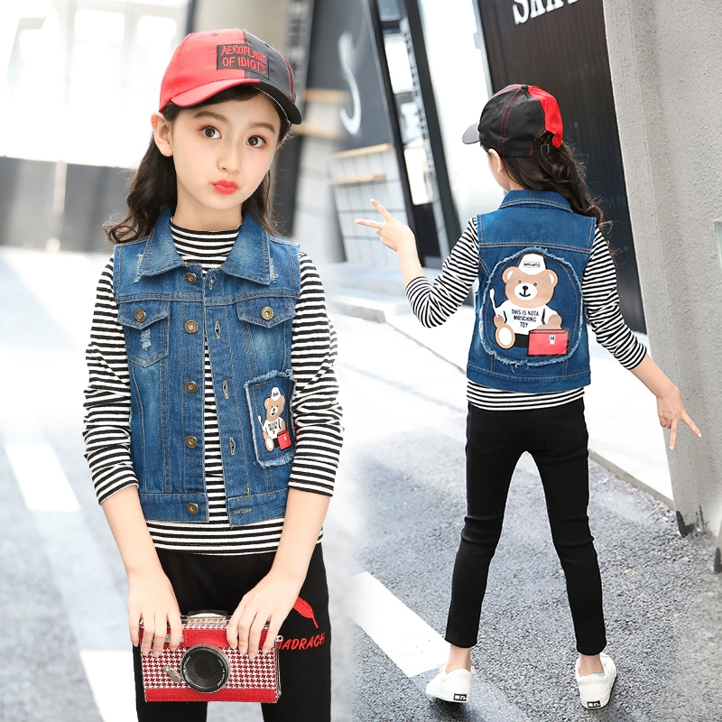 Bé gái áo vest denim mùa xuân và mùa thu mỏng phần 12 tuổi nữ phong cách nước ngoài mùa xuân 11 trẻ em 8 triều vest phiên bản Hàn Quốc 5 áo khoác vest - Áo ghi lê