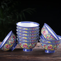 Household ceramic bowl large eating rice bowl 10-pack combination set Chinese simple and creative 5-inch high-legged bowl
