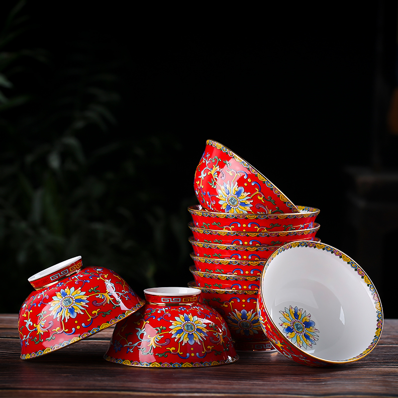 Jingdezhen ceramic creative tall bowl of 10 home a large ceramic bowl of hot rice bowl bowl suit
