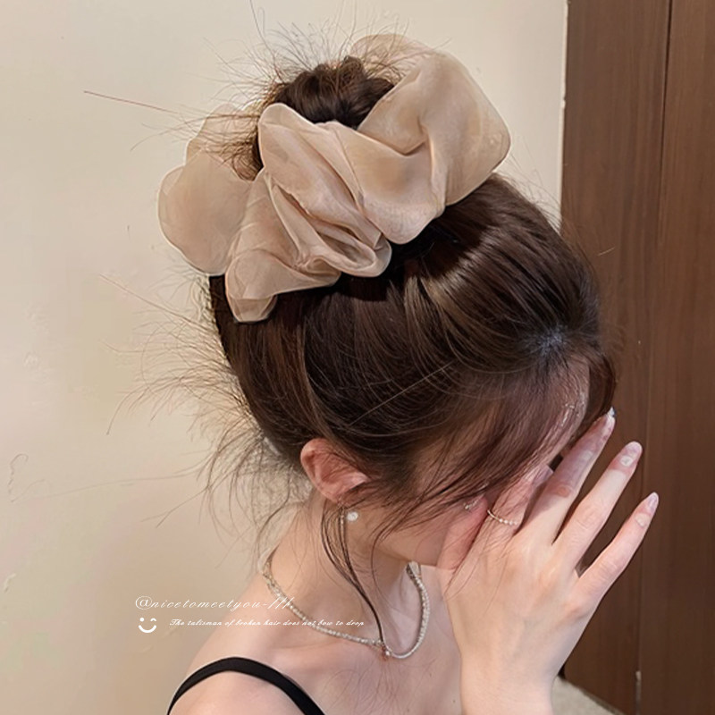 Champagne-Colored Pleated Mesh Hair Tie, Bubble Scrunchie, Ponytail Holder, High Elasticity, Durable, Elegant Hair Accessory