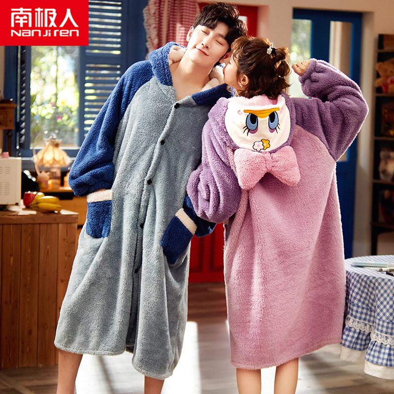 Antarctic couple pajamas bathrobe long women's autumn winter coral fleece men thick plus plush winter cute nightgown