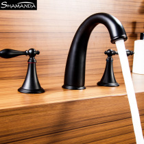 All copper hot and cold water waterfall Black brushed gold split three-piece basin faucet Three-hole basin faucet