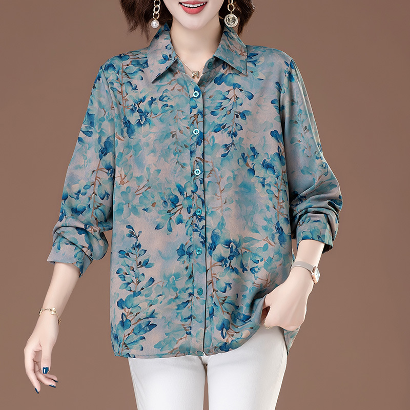 Chiffon Lapel Shirt for Women, Loose Plus Size Floral Shirt, Spring and Autumn Long-Sleeved Cardigan, Stylish Mom Top