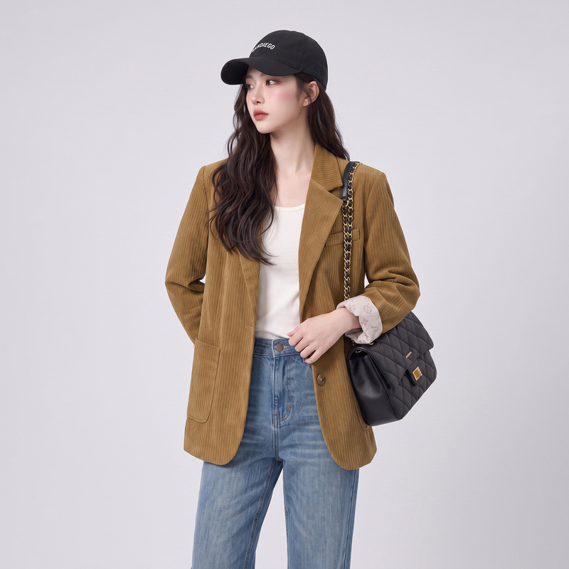 Stunning Corduroy Blazer for Women with Unique Design, 2026 Autumn New Yellow Casual Blazer