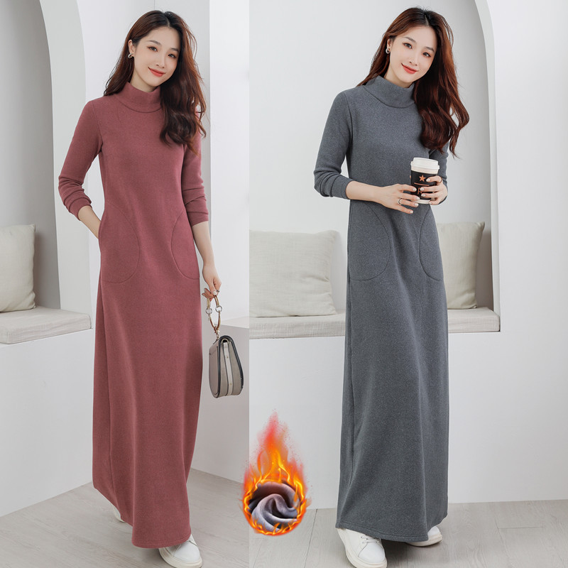 Simple Long Dress, New for Spring and Autumn 2025, Suitable as an Inner Layer, Over-The-Knee, with Pockets, Fleece-Lined, Thickened, Extra-Long Skirt