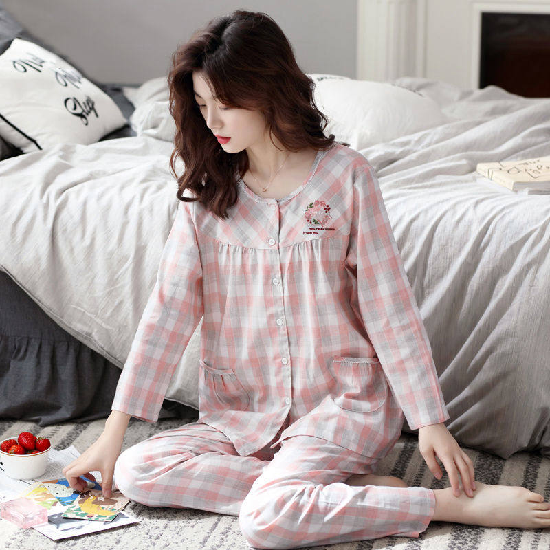 Cotton Sleeping Dress Lady Spring Autumn Season Long Sleeve Cardiovert large size Korean version Leisure student Home Suits Suit Moon summer
