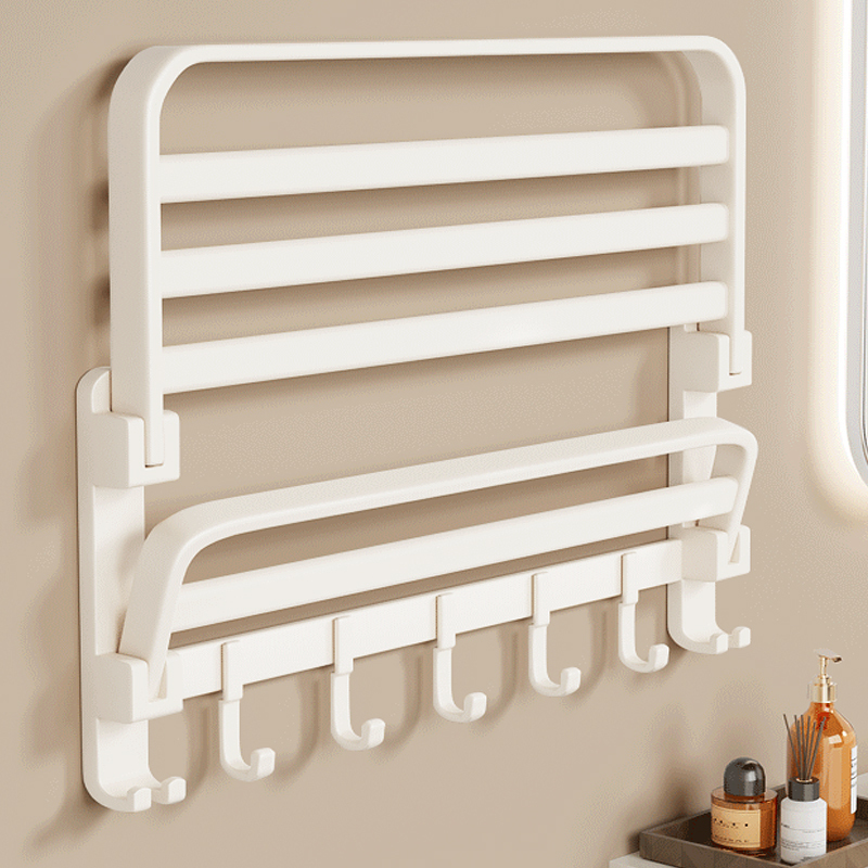 Cream-Colored Towel Rack, No-Drill Bathroom Storage Shelf, Wall-Mounted Washroom Toilet Towel Rack Hanging Rod