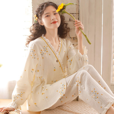 Fuduo cotton gauze confinement clothing spring and autumn thin kimono nursing pajamas pregnant women postpartum nursing home service
