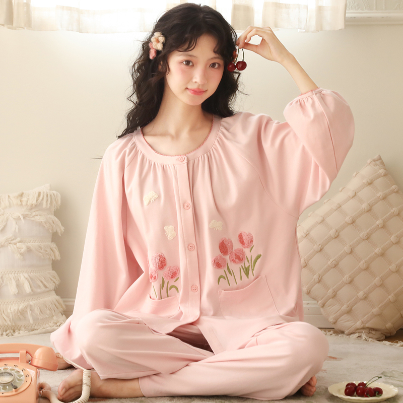 [with Built-In Nursing Bra] Fuduo Spring and Summer Postpartum Clothing, Pure Cotton Nursing Clothes, Autumn and Winter Maternity Pajamas for Expectant Mothers