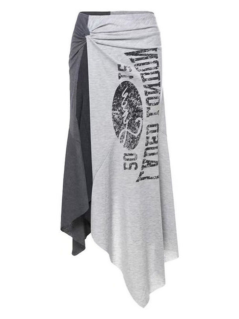 Plus size chubby mm niche design personalized printed twisted irregular skirt women's slit slim versatile long skirt