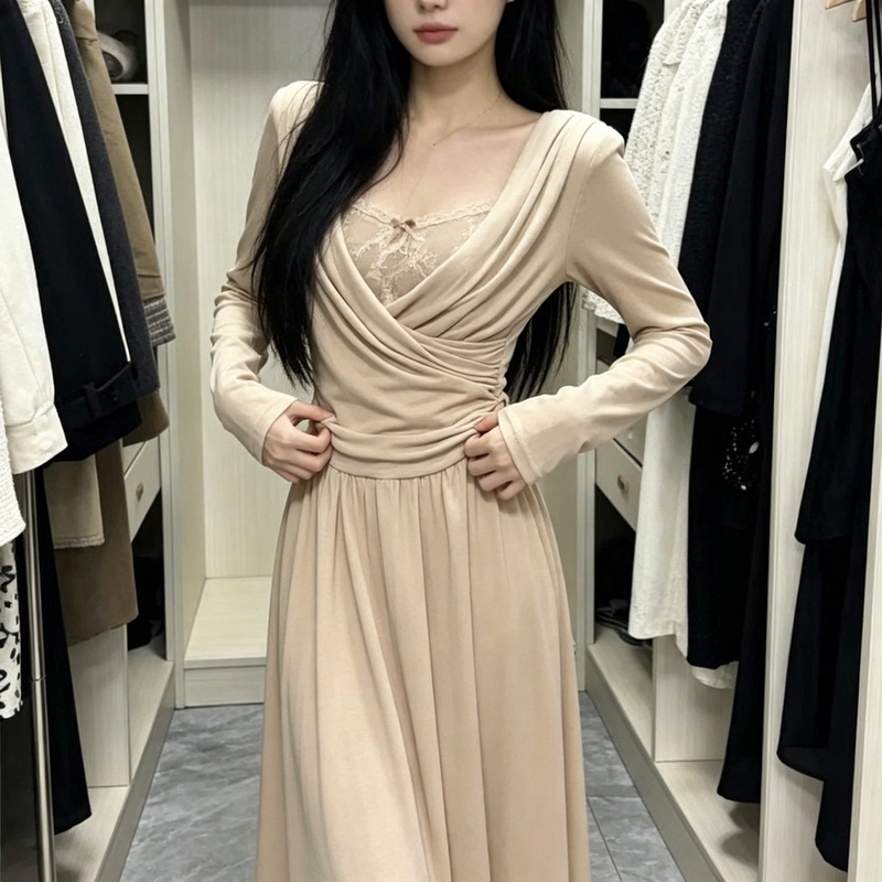 150kg Plus Size Korean Style Hollow-Out Design Lace Sexy Slim-Fit Long-Sleeve Dress for Women