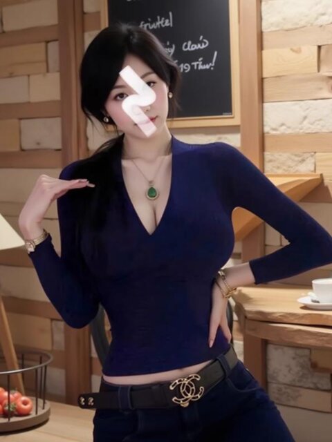 150kg Plus-Size Korean-Style Pure Desire Sexy Spicy Girl V-Neck Slim-Fit Flattering Long-Sleeve Top for Women