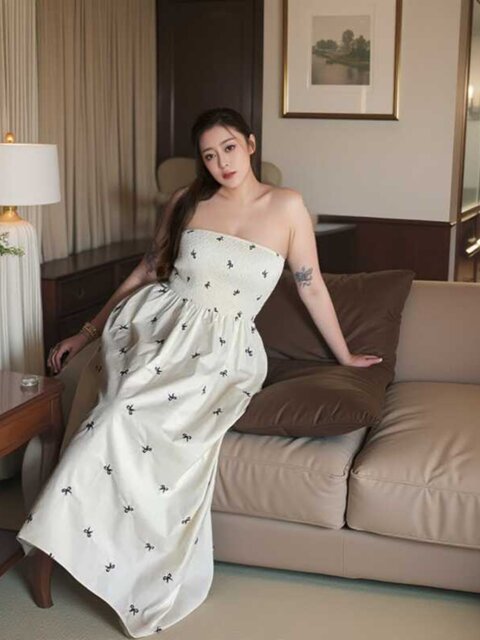 150kg Plus Size Korean Style French Bow Print Strapless Backless Elastic Waist Slimming Long Dress for Chubby Girls