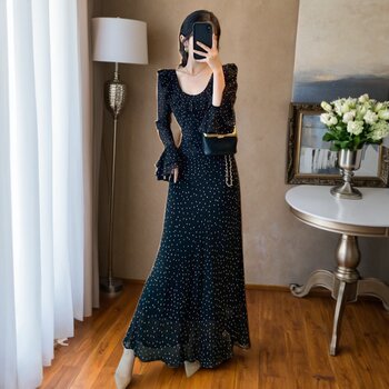 150kg Plus Size Women's Dress for Slightly Chubby Women, Polka Dot Long-Sleeve Mesh Dress, Waist-Cinching, Figure-Flattering, Large U-Neck with Ruffles