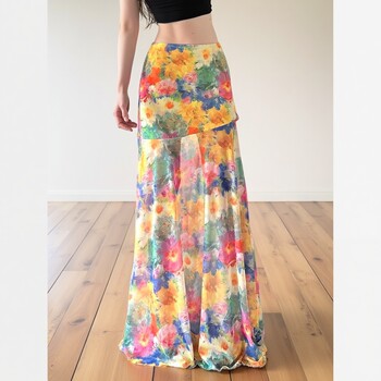 Plus-Size Dopamine-Style Summer Oil Painting Style Gradient Mesh Skirt for Women, Romantic Vacation Beach Long Skirt
