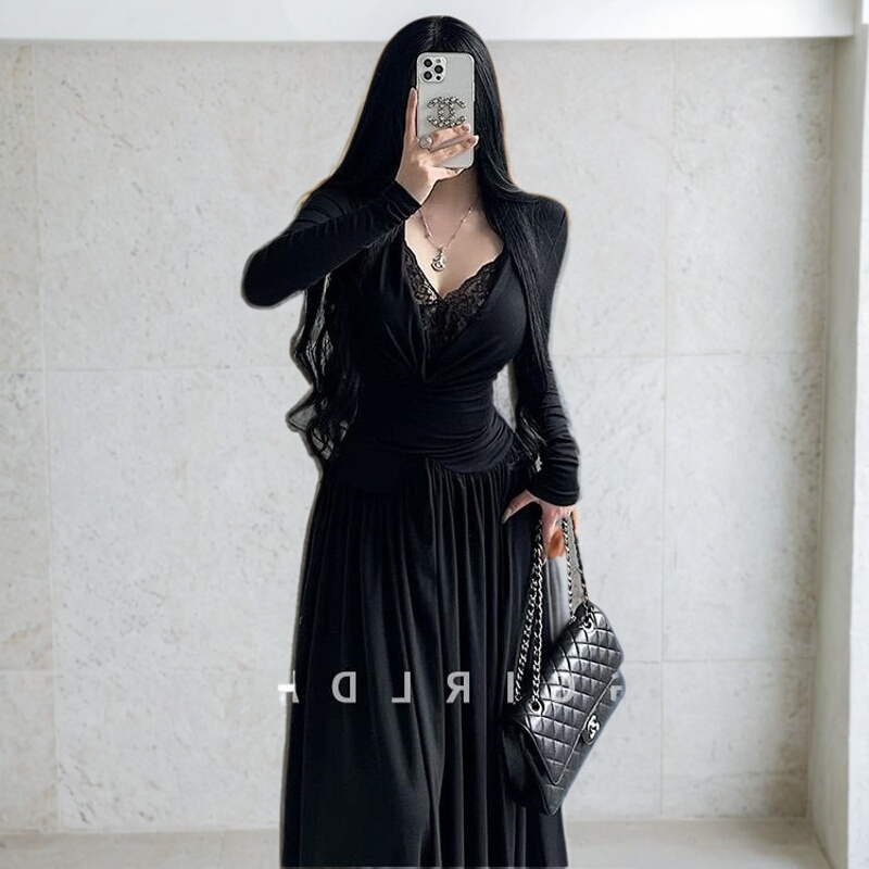 150kg Plus Size Pure Desire Style Sexy Black Lace Patchwork Waist-Slimming Ruched Long-Sleeve Dress for Women