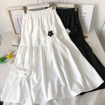 Summer 150kg Plus Size Women's Bowknot Three-Dimensional Flower Elastic Waist Mid-Length Solid Color Versatile A-Line Skirt