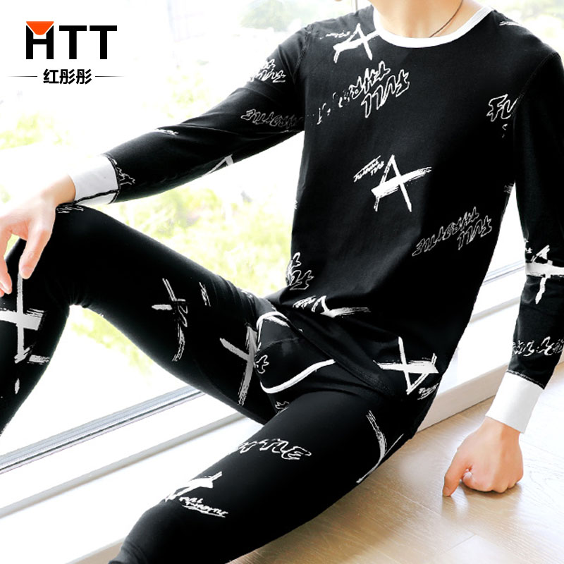 Youth Thin for men Warm Underwear Autumn Clothes Sanitary Pants Suit Men's Sanitary Pants Gushed Fleece Thickened Round Collar Cotton Sweatshirt