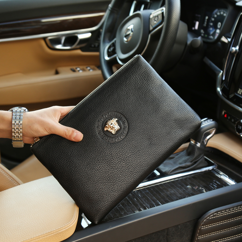 Hong Kong's new black clutch bag European and American fashion men's lychee pattern soft leather clutch bag versatile envelope bag