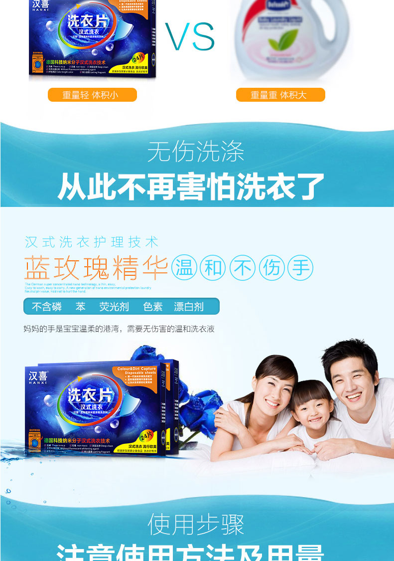 Hanxi Blue Rose Nano Giặt khử trùng Quần áo Làm sạch Quần áo Chất làm sạch khô Phốt pho Miễn phí Sạch và dẻo dai 24 miếng - Dịch vụ giặt ủi nước tẩy quần áo em bé