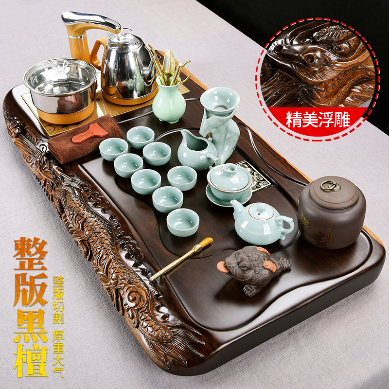 The pavilion side of ebony carved wood tea tray ceramic teapot automatic tea tea set household kung fu tea taking