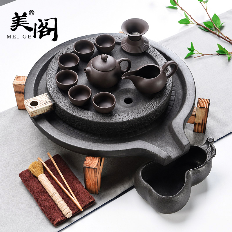 Beauty cabinet Japanese contracted solid wood double stone mill ceramic tea sets tea home ground kung fu tea set tea cups