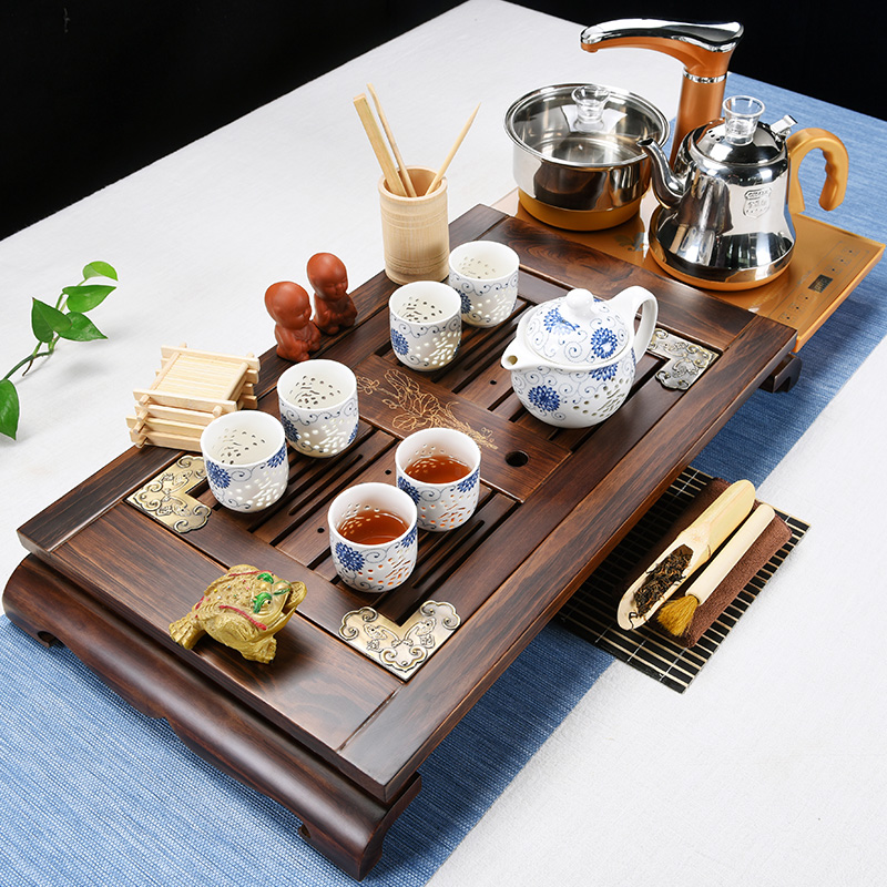 Beauty cabinet kung fu tea set suit household contracted tea ceramic cups violet arenaceous four one automatic solid wood tea tray