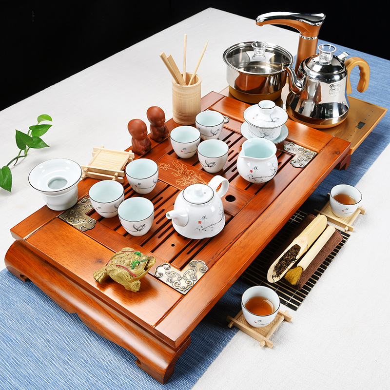 The cabinet home tea set automatic electric furnace solid wood tea tray ceramic tea cup tea tea saucer dish