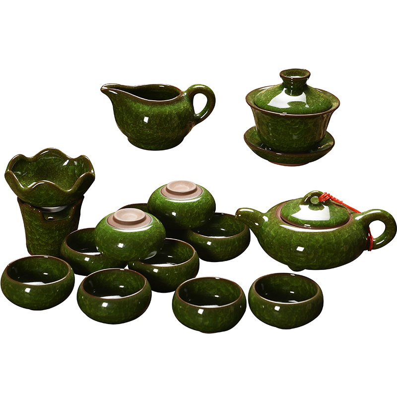 Beauty cabinet ice crack glaze kung fu tea set home to open the slice of a complete set of tea cups tureen ceramic POTS malachite green