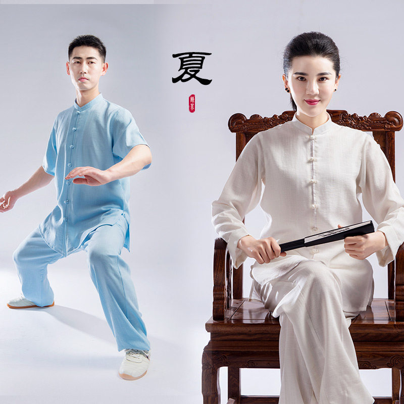 Summer Tai Chi clothing men and women short-sleeved Chinese style thin cotton linen Chen Ying martial arts practice morning Tai Chi clothing