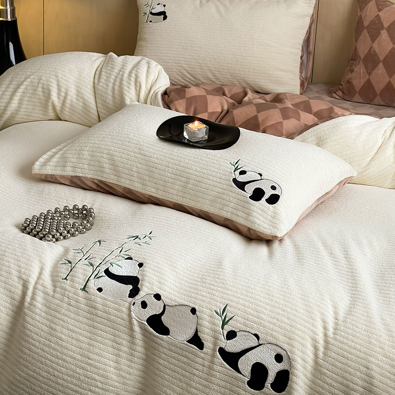 South Korea Foreign Trade Single-ins Cute Panda Milk Suede Four Sets Thickened Warm Autumn Winter Embroidered Quilt Cover Sheet-Taobao