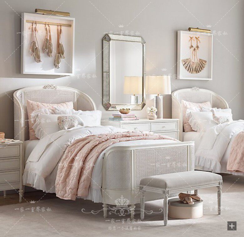 American country solid wood rattan bed French carved woven rattan bed environmental protection children high back rattan bed princess bed double bed