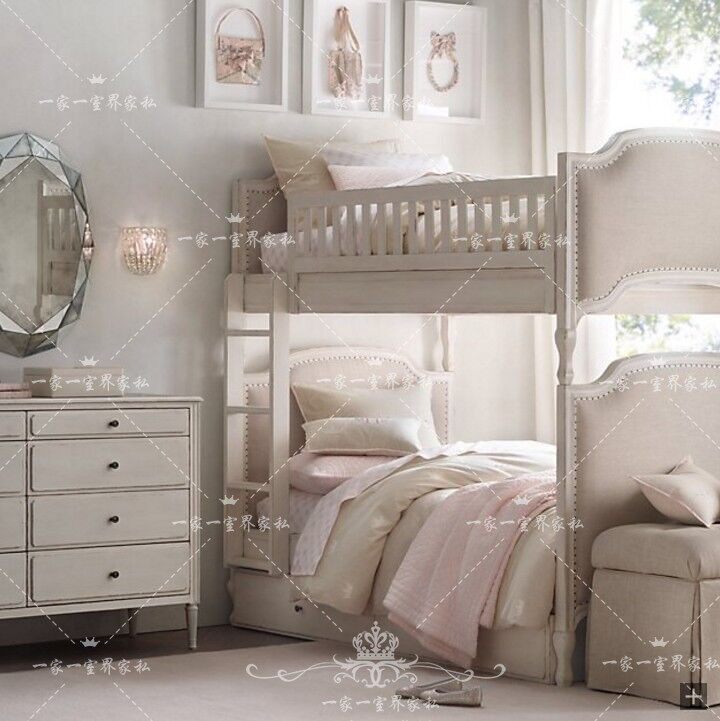 American solid wood high and low bed neoclassical double layer guardrails style children solid wood bed soft bag high and low primary and secondary drag beds