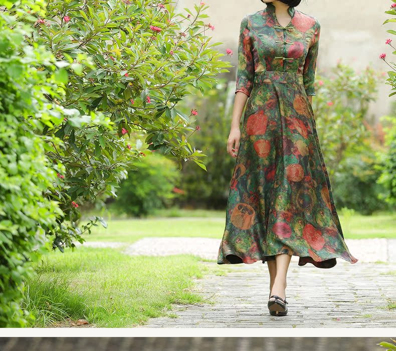 [2015爆款]真丝缘香云纱连衣裙复古改莨旗袍真