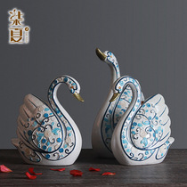 Blue and White Swan large creative home soft wine cabinet porch decoration wedding gift living room TV cabinet ornaments
