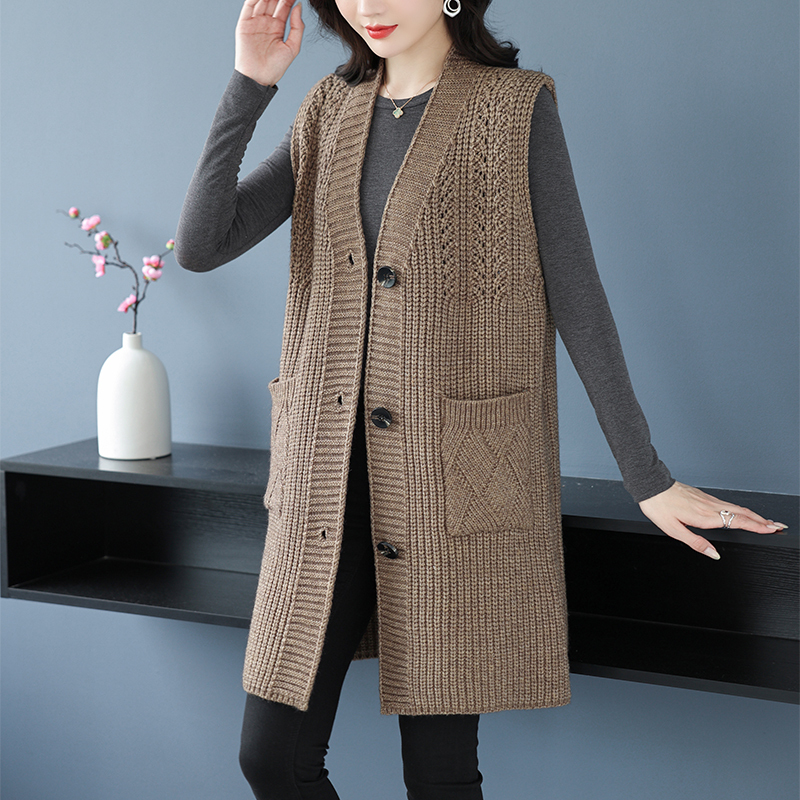 Thick Wool Sweater Sleeveless Knitted Vest Jacket Women's Cardigan Mid-Length Middle-Aged and Elderly Mother's Clothing Loose Large Size Women