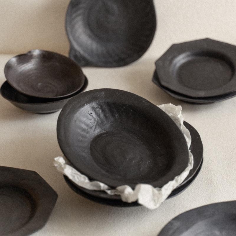 Handmade Vintage Black Pottery Tableware Set by Tu-Apu, Textured Handmade Plates, Simple Series