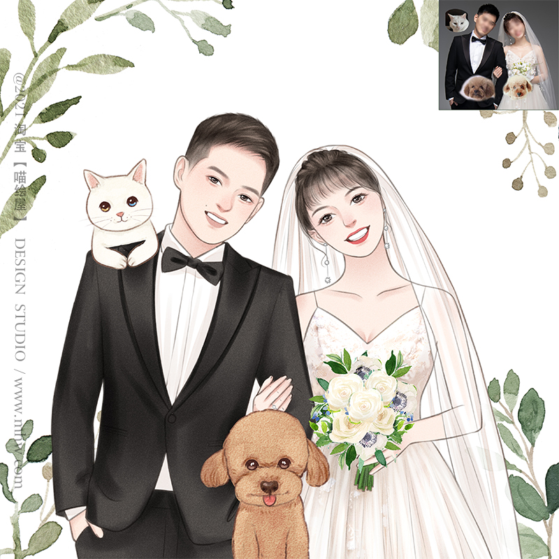 Retro watercolor wedding hand-painted invitation illustration invitation invitation custom cartoon cartoon realistic couple avatar