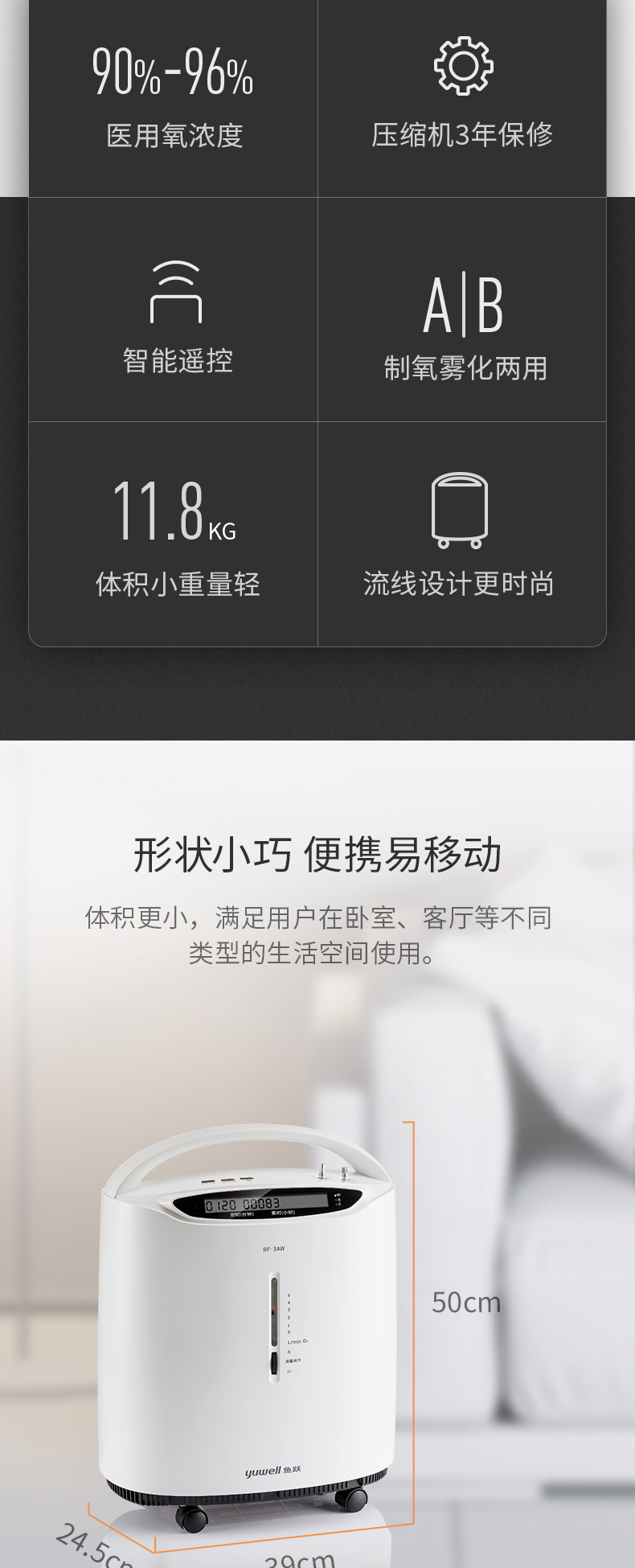 Yuwell 鱼跃医疗 8F-3AW 医用分子筛制氧机 3L 88VIP会员折后￥2166包邮