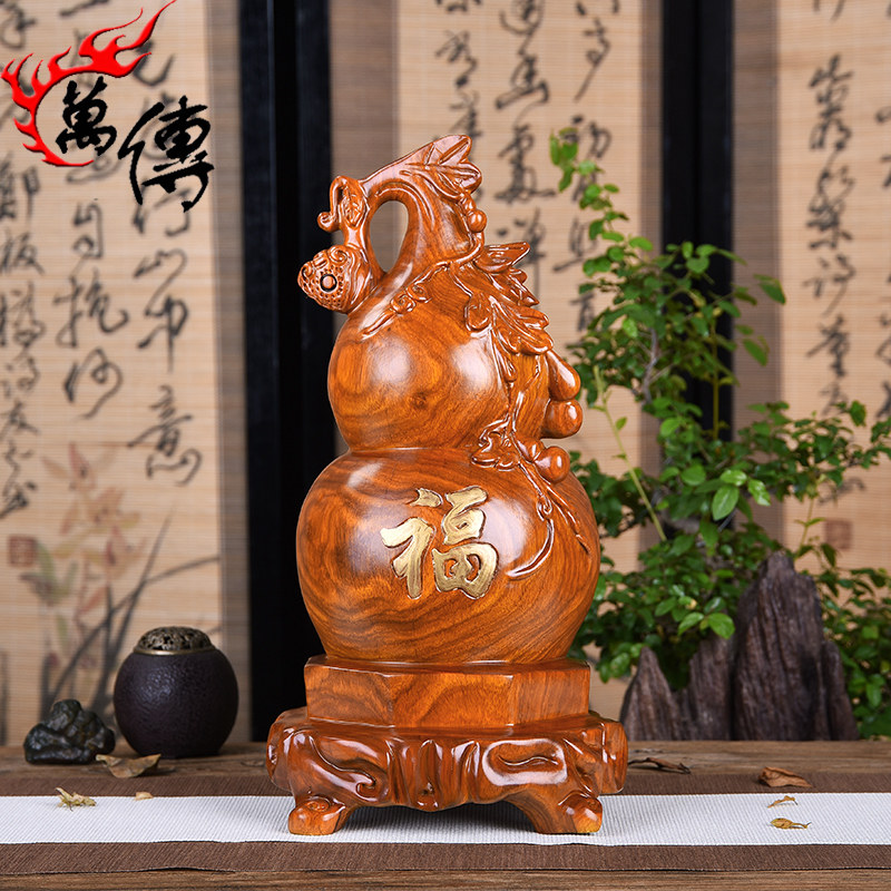 Huali solid wood carving gourd ornaments, large living room, office, home decoration, mahogany carving crafts gifts