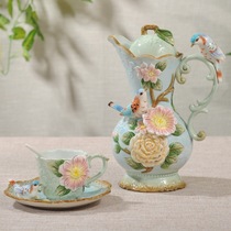 Fang Ya light luxury flower and bird ceramic teapot coffee pot coffee cup set wedding gifts one pot two cups butterfly
