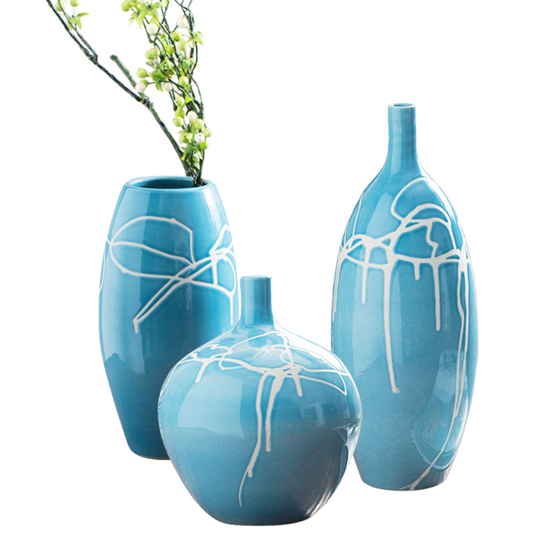 Creative household ceramic vase three - piece sitting room ground ceramic wine accessories furnishing articles process decoration carving