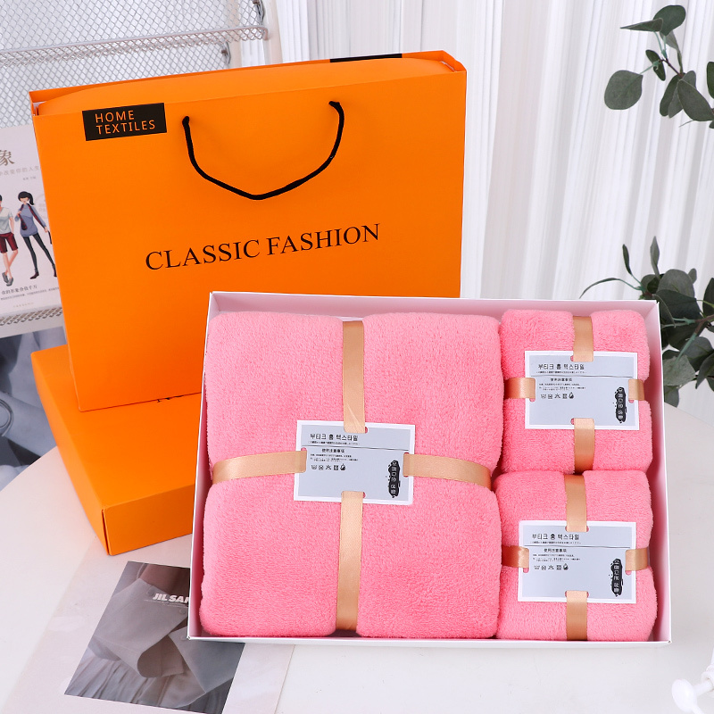 High-Density Absorbent Coral Velvet Towel Gift Box Set, Bath Towel Gift Set, Business Company Three-Piece Set, Popular Style