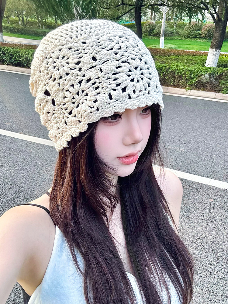 型公馆钩花包头帽子蕾丝女薄款镂空毛线帽夏季