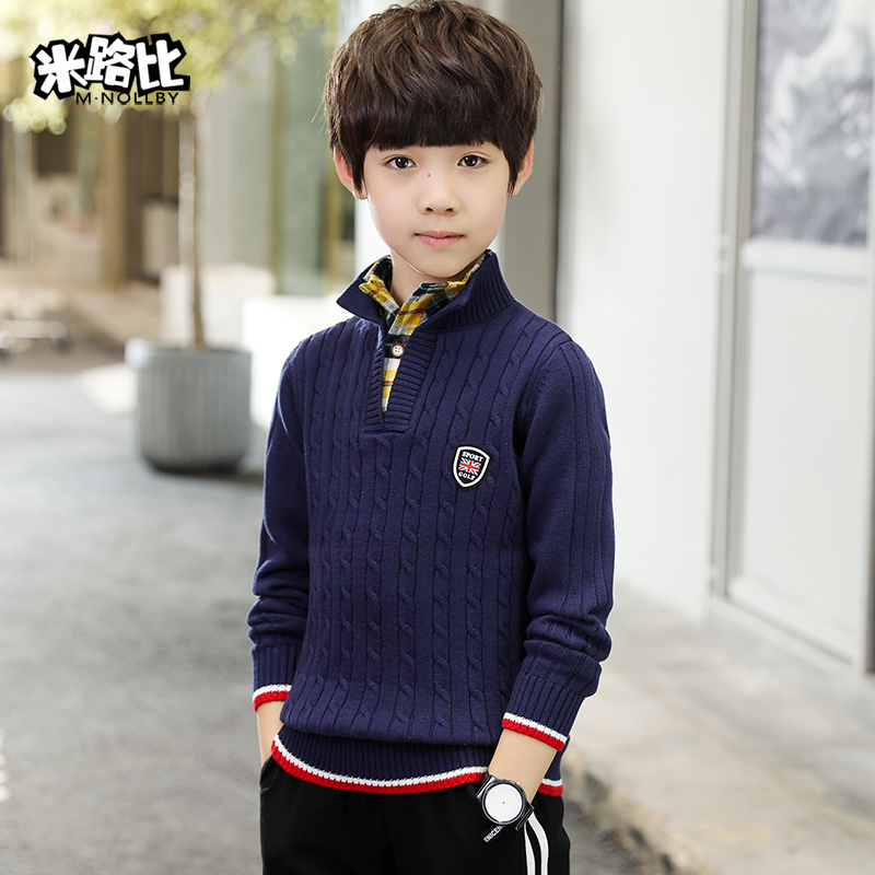 Boy sweater jacket head spring loaded with velvet thickened upright collar fake two CUHK children warm blouse children's knitted sweatshirt