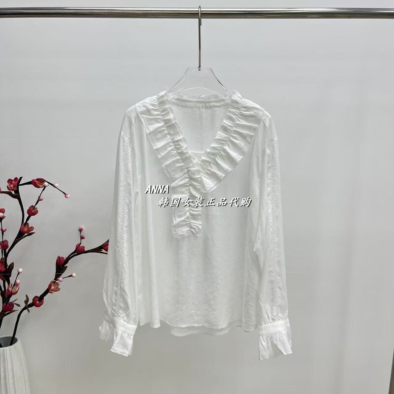 European Genuine Women's Clothing 2026 Summer New Fashion Versatile Solid Color V-Neck Ruffle Lace Long-Sleeve Shirt
