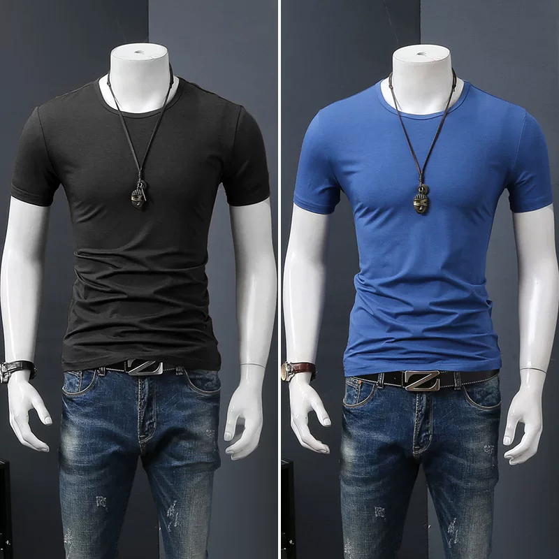 Летняя черная трендовая футболка с коротким рукавом и круглым вырезом, slim fit