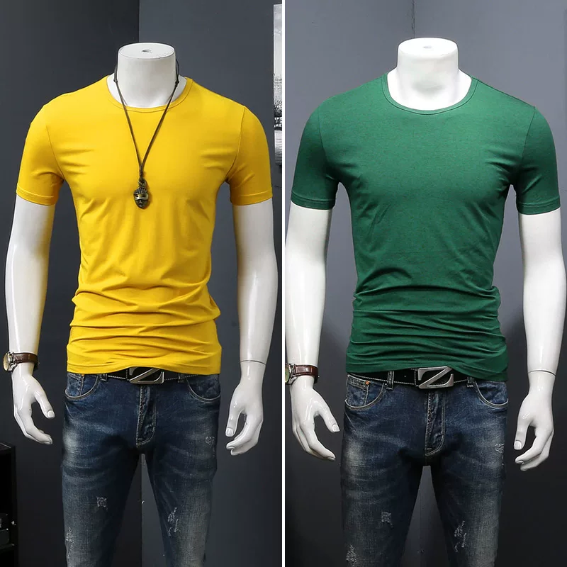 Летняя черная трендовая футболка с коротким рукавом и круглым вырезом, slim fit